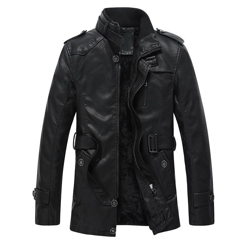 Men's stand-up collar leather jacket medium and long European and American original single fleece thickened locomotive imitation leather jacket