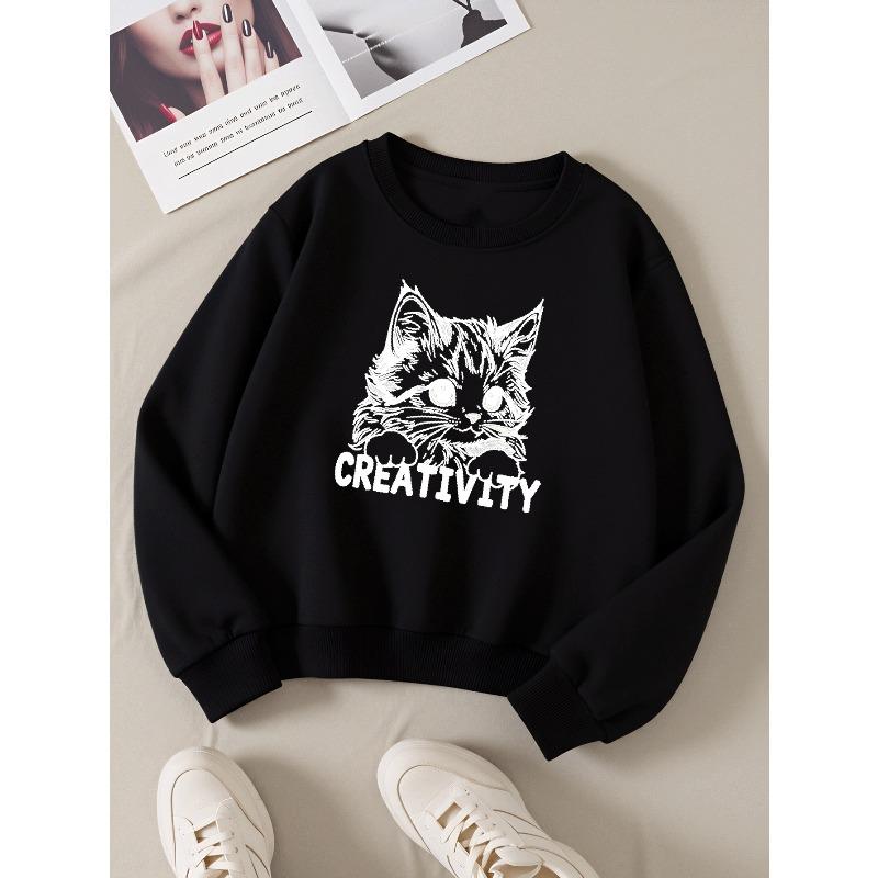 Girls' Round Neck Sweatshirt, Girls' Casual Printed Round Neck Pullover, Cute Cat Creativity Art Design