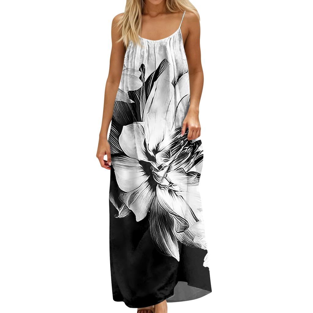 Women's Fashion Backless Spaghetti Strap Casual Loose Floral Print Dress
