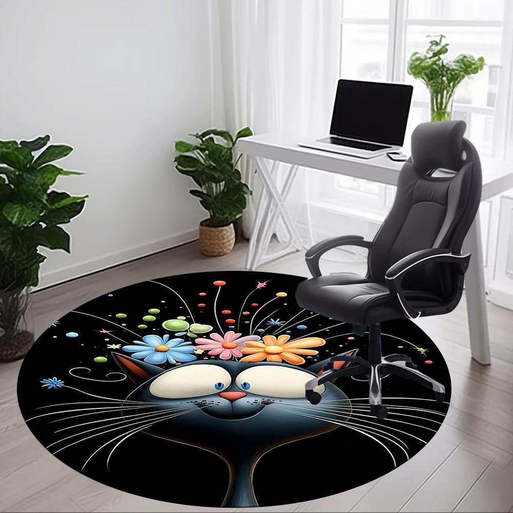 1pc Flower Cat Office Round Area Rug, Under Office Chairs Bedroom Living Room Home Decor, Room Deco, Available in Various Sizes