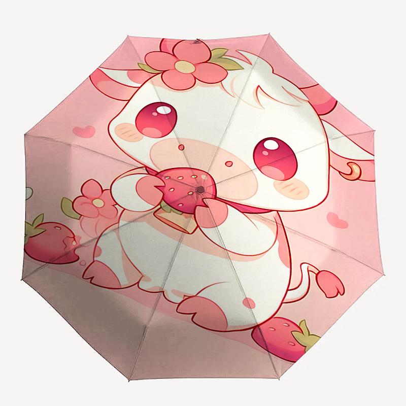 

1pc Cow Strawberry umbrella automatic open/close, 8-Rib Durable Frame, Compact Folding Design, Ideal Birthday/Holiday Gift 1156A