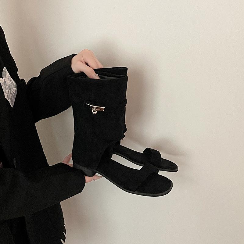 Versatile one-word with short boots retro open-toed cool boots women's summer fashion temperament western trousers boots wedges sandals