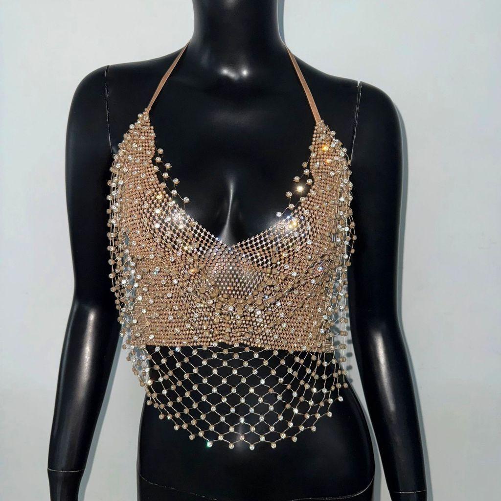 Sexy Spaghetti Strap Mesh Top With Rhinestones For Party And Clubwear Women