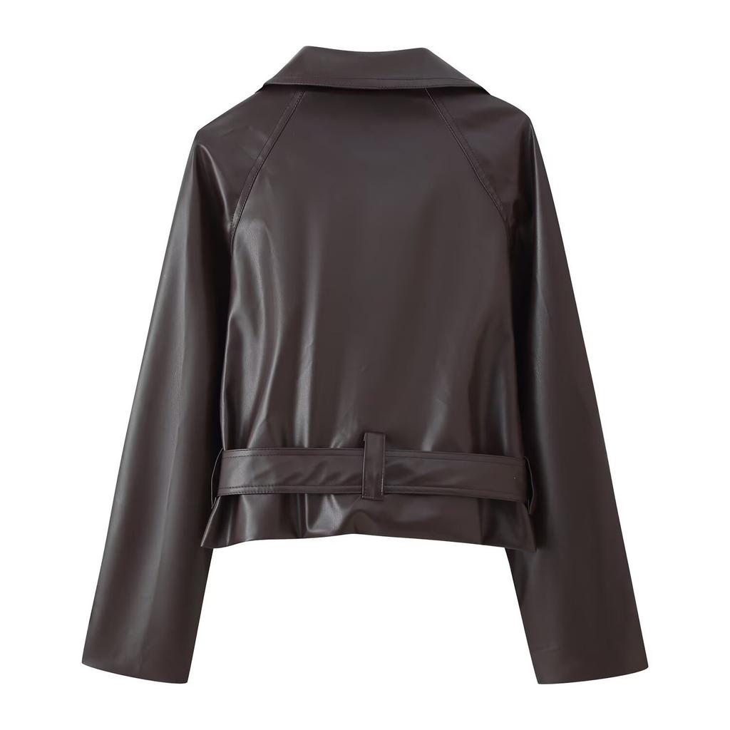 2025 autumn and winter new European and American cross-border women's clothing double-breasted short lace-up leather jacket jacket w017 324