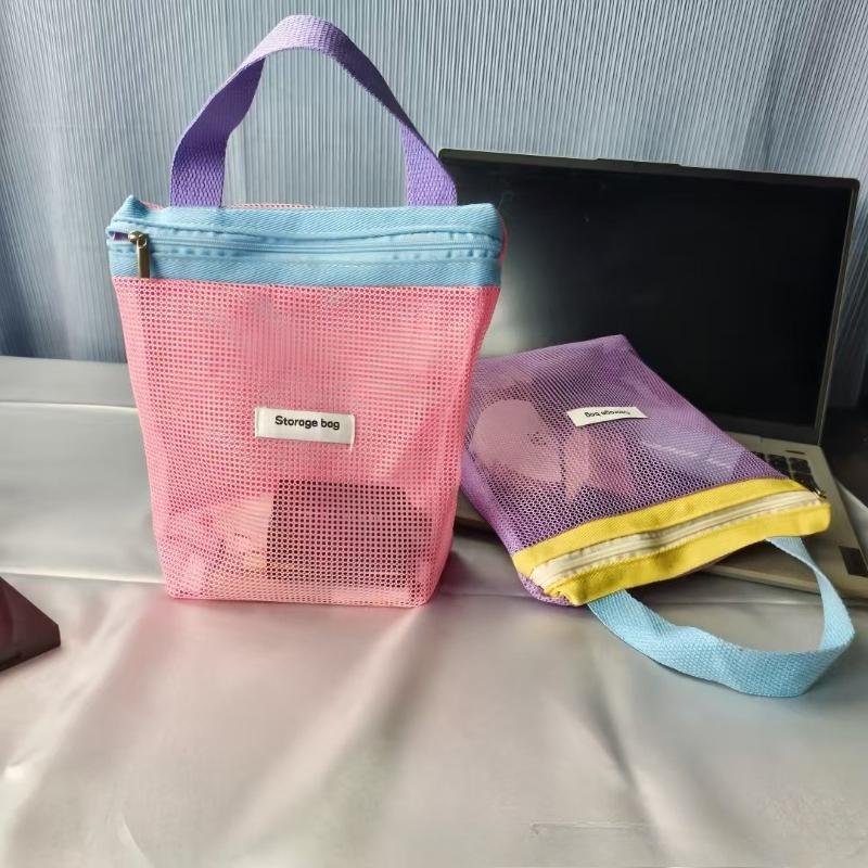 The New Simple Macaron Color Mesh Storage Bag  Large-capacity Drain Wash Bag  Travel Swimming Bag  Beach Bag