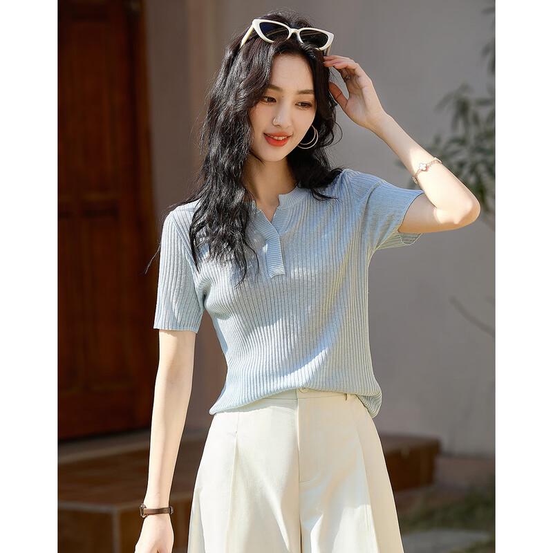 Demana Women's Summer Breathable Linen-Lyocell Blend V-Neck Knit Top