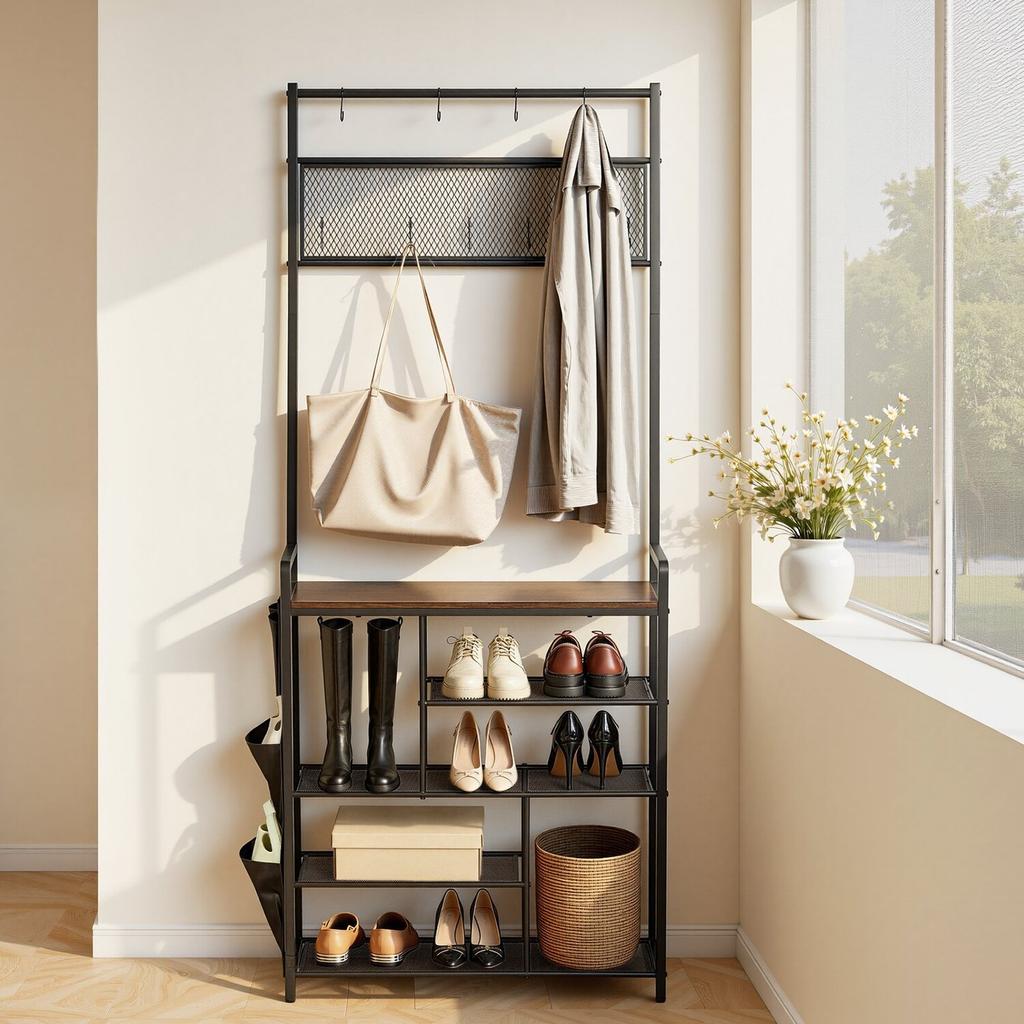 Hall Tree, 1800 mm Coat Rack with Shoe Storage, Freestanding 4-Tier Shoe Rack Organizer with Hooks, Side Pocket and Wire Shelf, Steel Frame Entrance