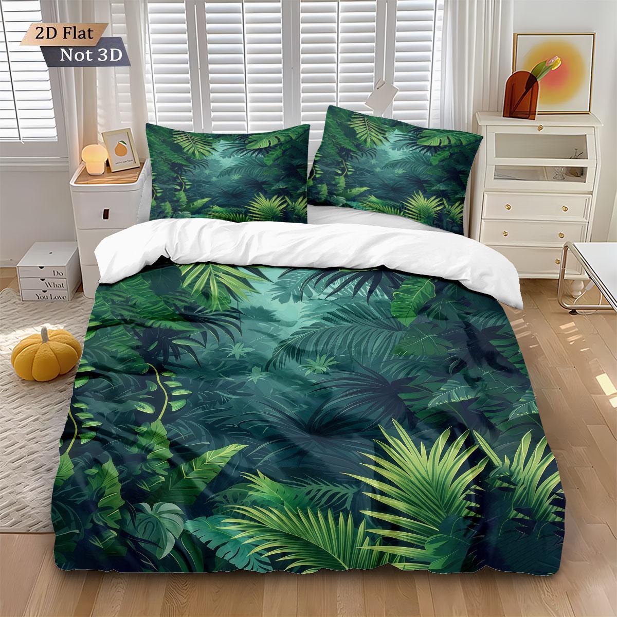 

3pcs Green Plant Leaf Printed Down Duvet Cover Set, Multi Size Bedroom And Dormitory Bedding Decoration, Machine Washable 135x200cm