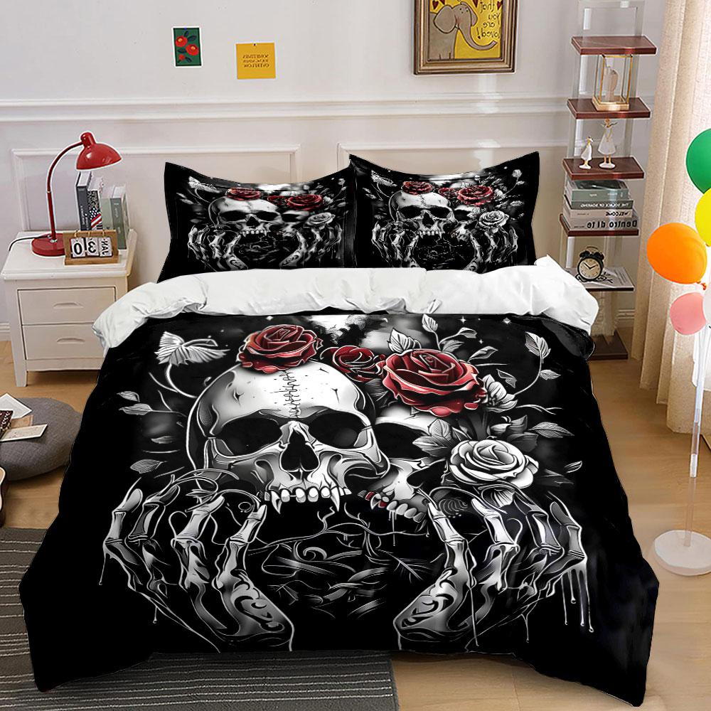 "Skulls with Roses Tattoo Art" Bedding Duvet Cover Set (1*Duvet Cover 2*Pillowcases, Without Duvet Insert)