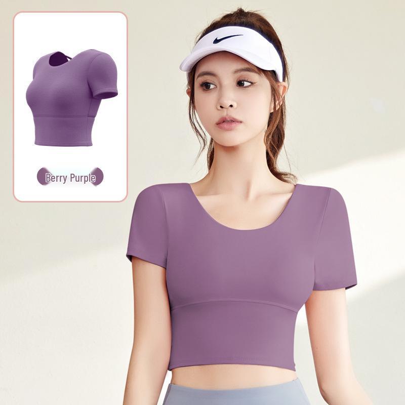Yoga Slim Fit Criss-Cross Back Sports T-Shirt with Built-in Bra