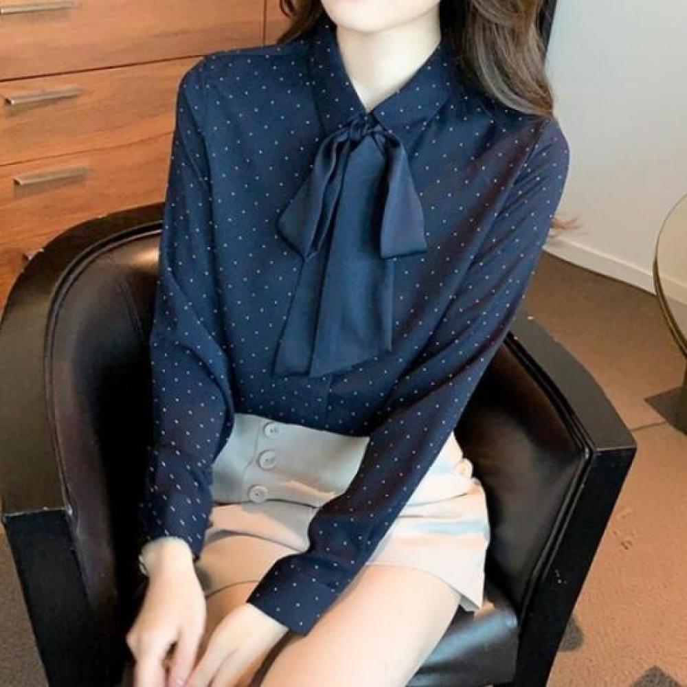 Navava Long Sleeve Shirt With Vintage Dot Ribbon Neck Collar Nb2517