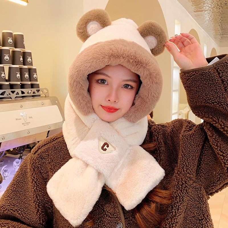 Autumn and winter new cute bear hat scarf integrated female cycling cold and warm windproof ear mask scarf