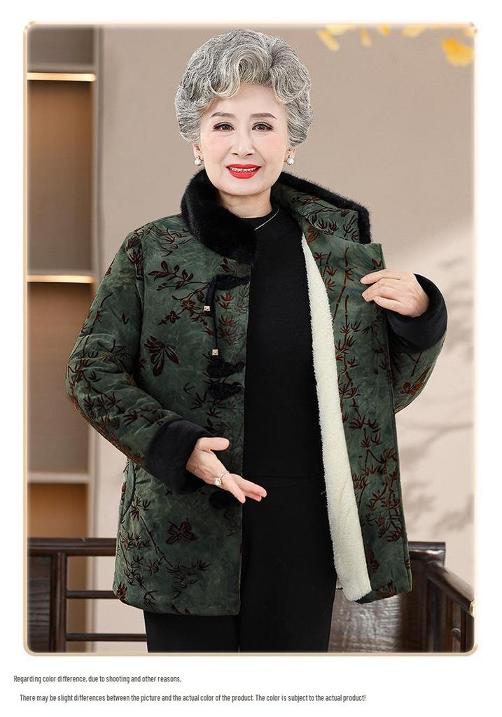 Women's Winter Cotton Jacket - New Chinese Style for Middle-aged and Elderly, Mom's Velvet-Lined, Thick, Warm Coat.
