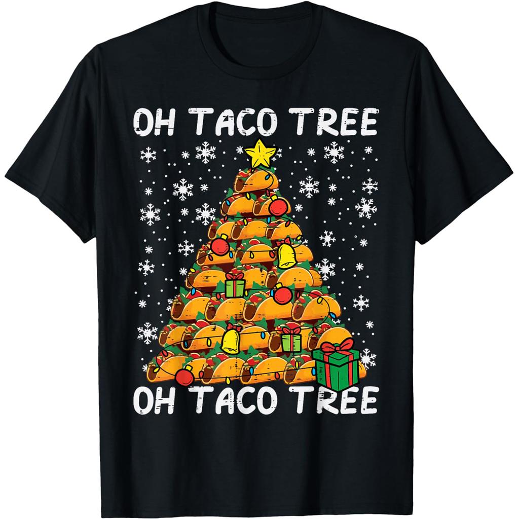 Tacos Christmas Tree Funny Xmas Foodie Mexican T Shirts Unisex Cotton Humor Streetwear Tee Shirt Short Sleeve Unisex Loose Clothing