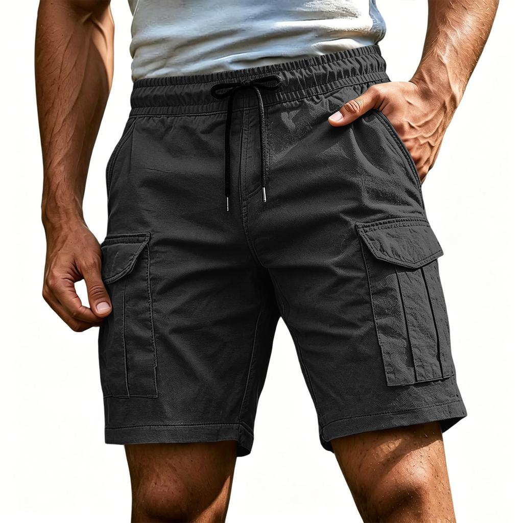 Men's Casual Cargo Shorts Elastic Drawstring Waist Multi-Pocket Summer Quick Dry Workout Solid Color Beach Short Pants