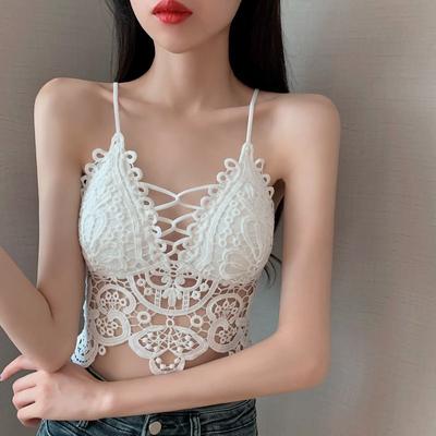Sexy Crop Top Lace Flower Halter Tank Top Backless Hollow Camisole Women Slim Tube Female Sleeveless Vest