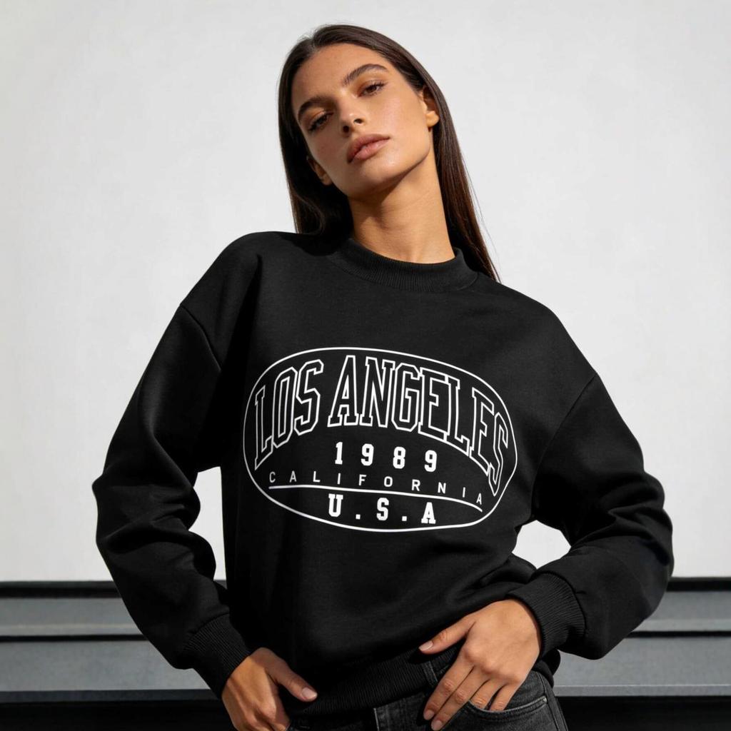 Cross-border Special Black Letter Print Sweater Women's LOS ANGELES Crew Neck Loose Casual Long-sleeved Top