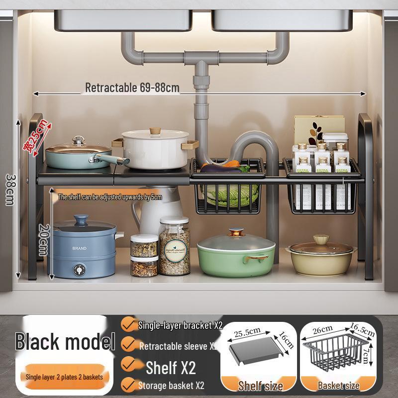 Retractable Under-Sink Tiered Shelf and Pot Storage Rack