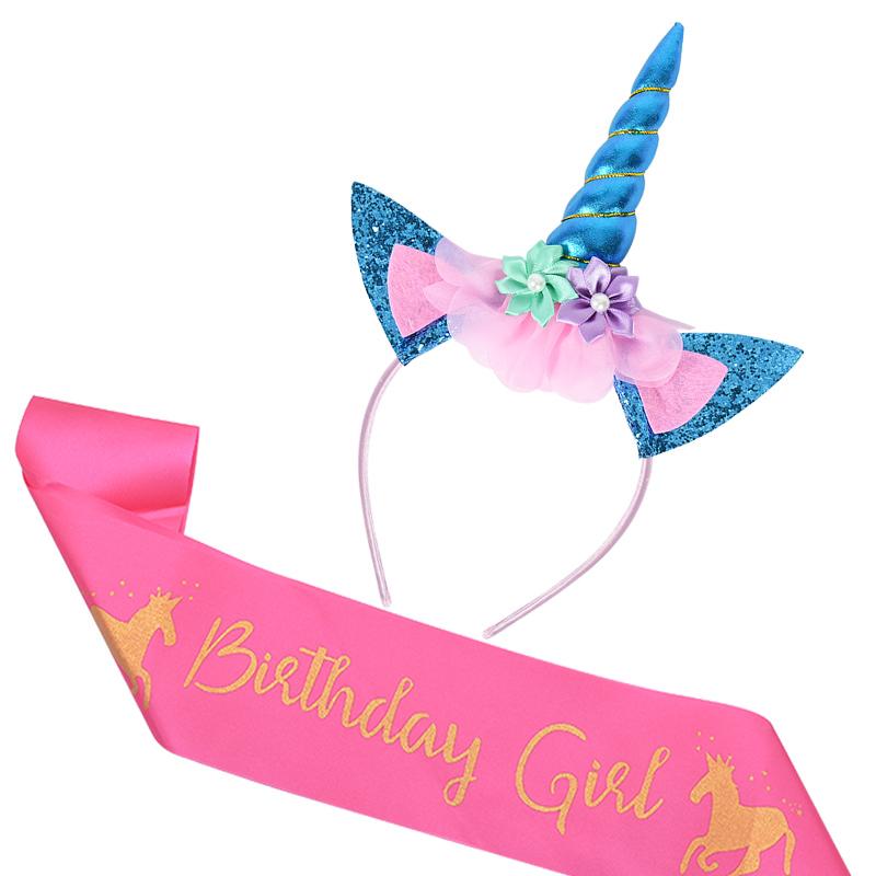 Unicorn Horn Headband Birthday Girl Sash Satin for Girl 1st Birthday Party Decoration Unicorn Theme Party Hair Band Baby Shower
