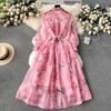 Spring Summer Holiday Flower Print Organza Beach Dress Women's Lantern Sleeve Single Breasted Lace Up A Line Long Maxi Robe