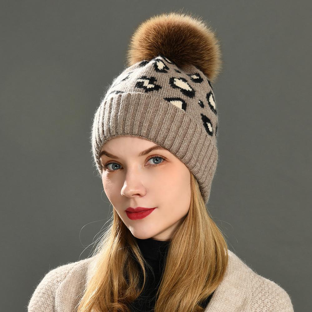 Men's and women's knitted hats angora soft waxy rabbit down leopard print hat autumn and winter outdoor wool hat to keep warm