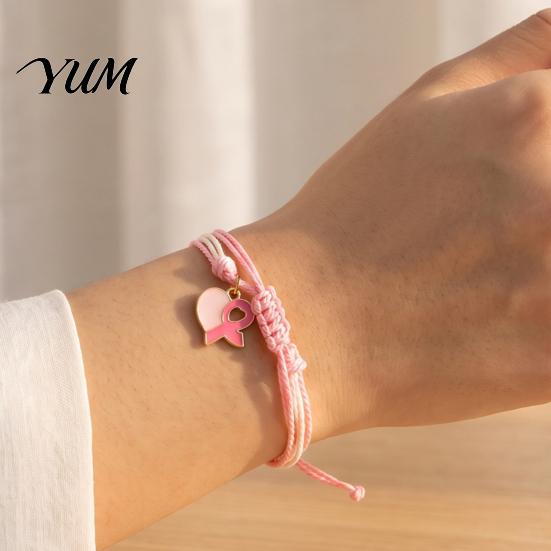 Breast Cancer Awareness Gifts Bracelet for Women, Adjustable Woven String with Handwoven Rope Wristband Ribbon Charm, Handmade Braided Survivor