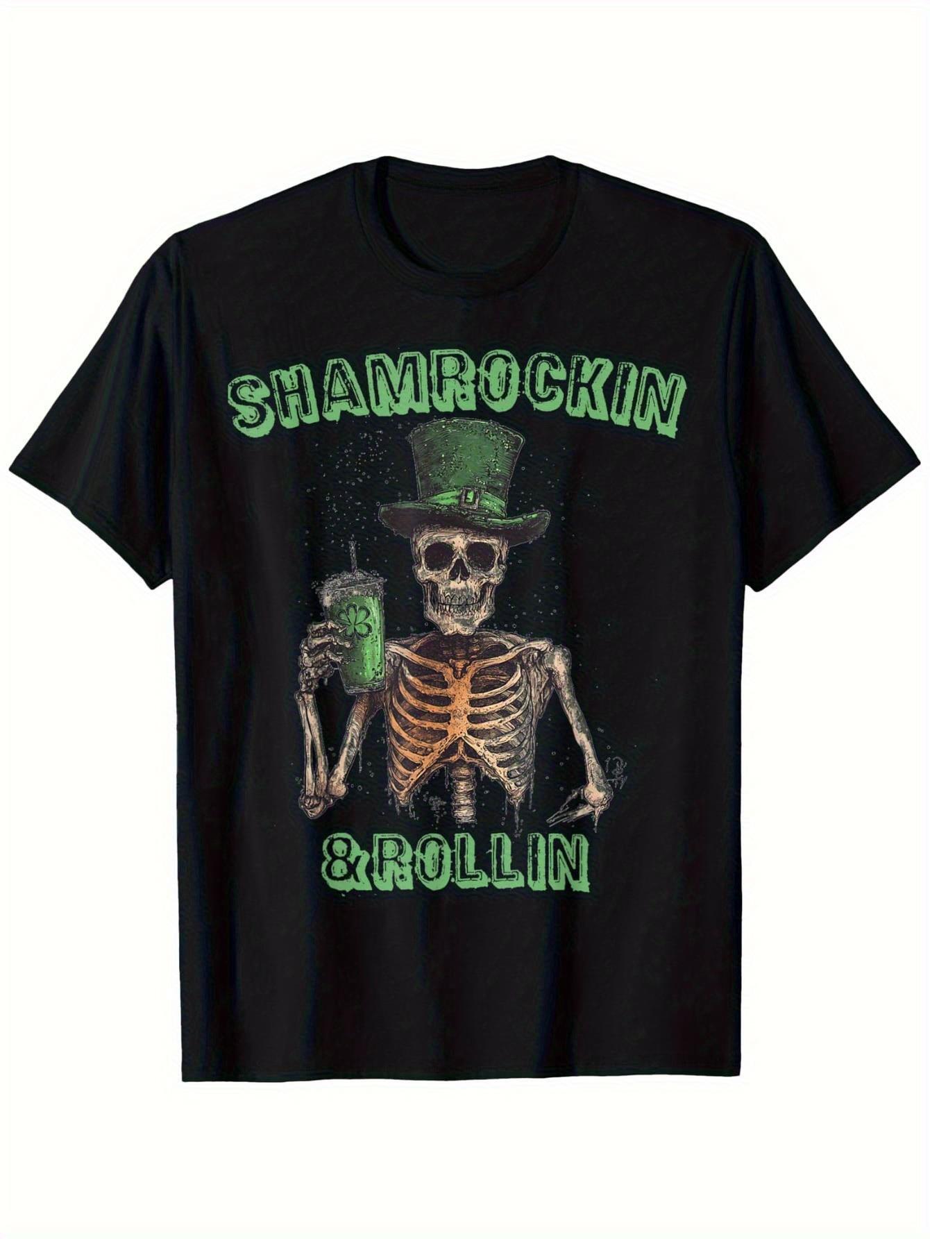 

Shamrockin And Rollin Skeleton St Patricks Day Graphic Tee Funny Casual Cotton Short Sleeve T-Shirt 5XL різнокольоровий