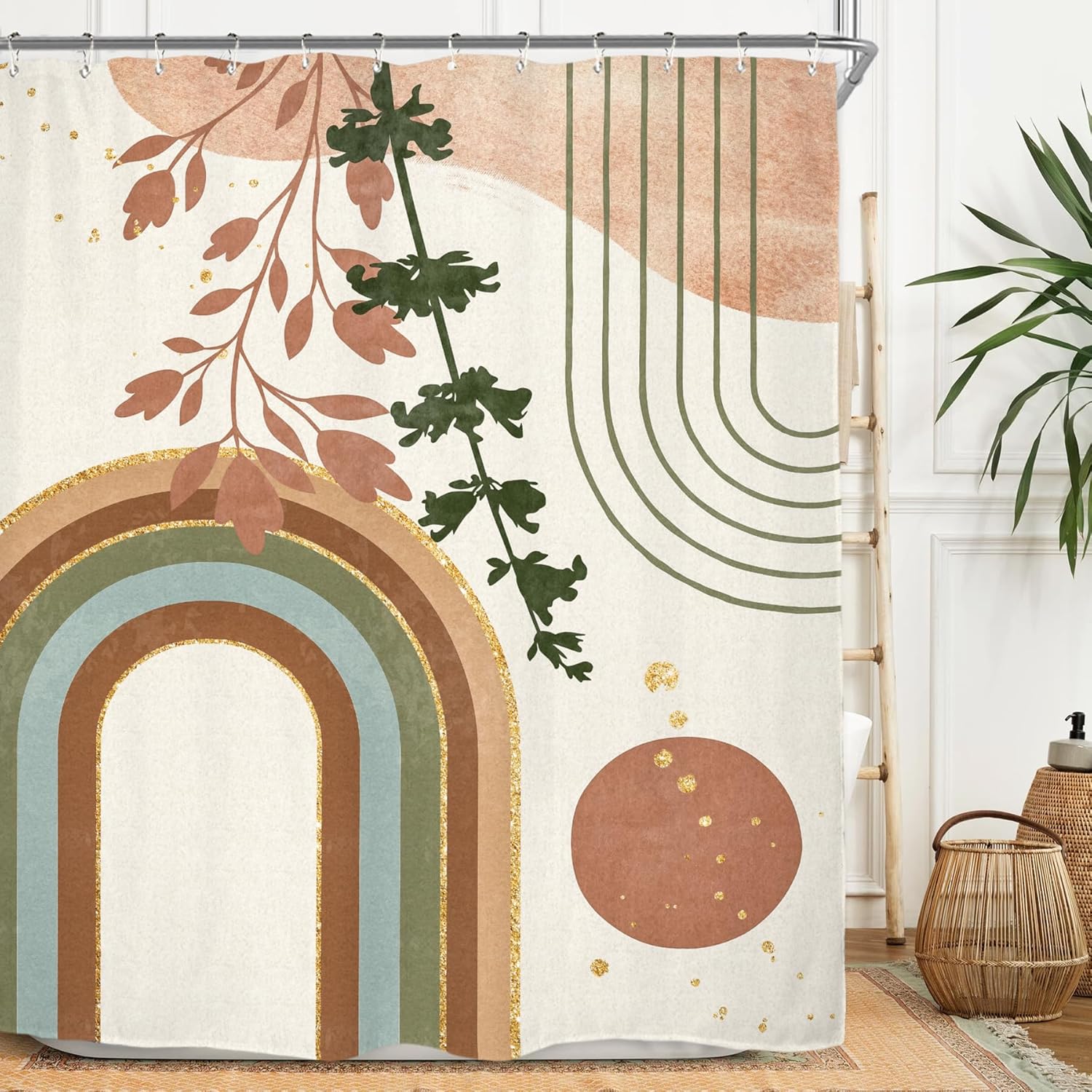 

Miyotaa Abstract Mid Century Shower Curtain Set 60Wx71H Inches Minimalist Aesthetic Plant Leaves Terracotta Geometric Arch Moder 90x180cm