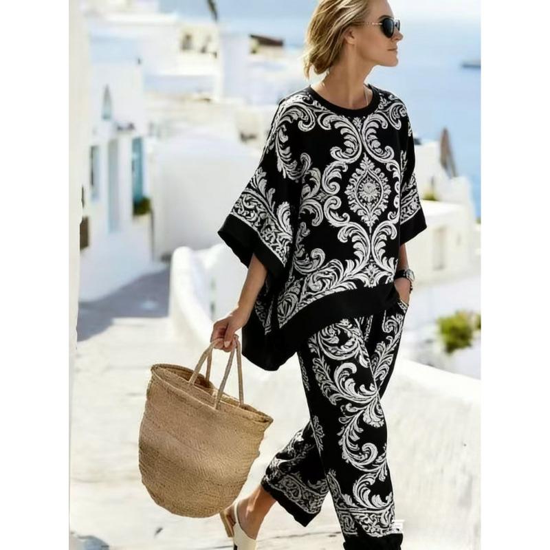 One wholesale, European and American style suit, summer loose round neck bat sleeve top, casual wide-leg pants two-piece set