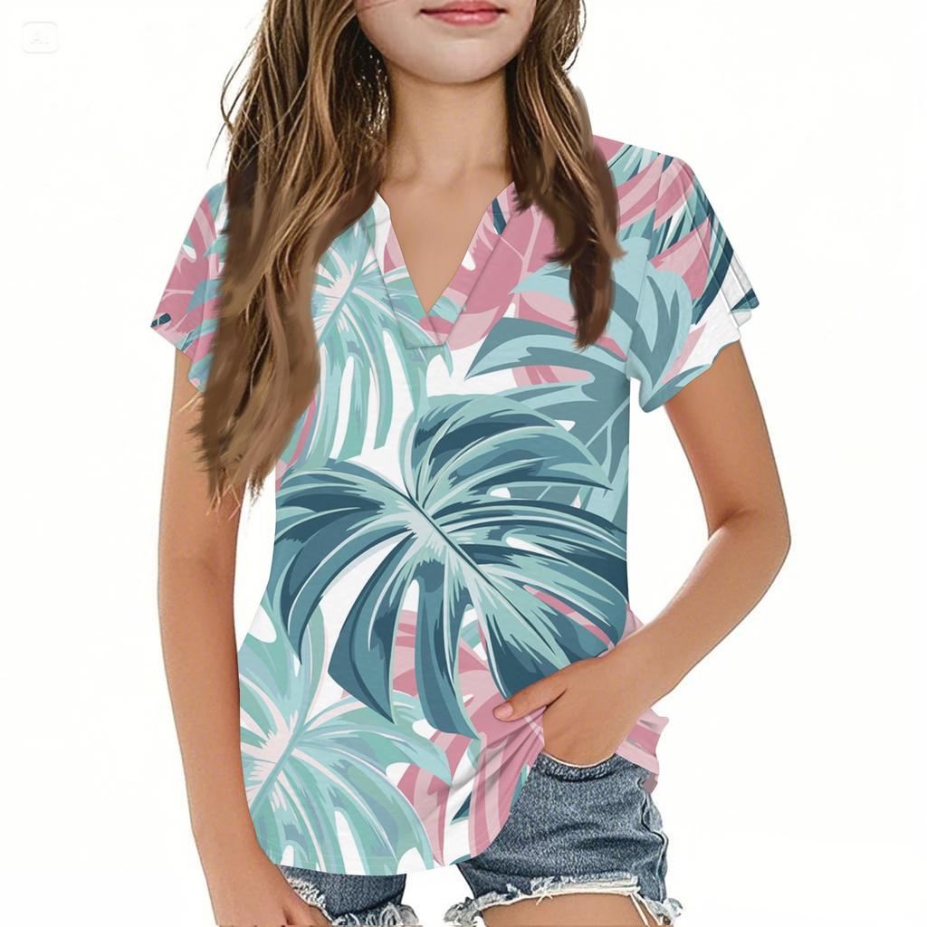 Summer Children's Casual Fashion Short-Sleeved V-Neck Hawaiian Girls' Top
