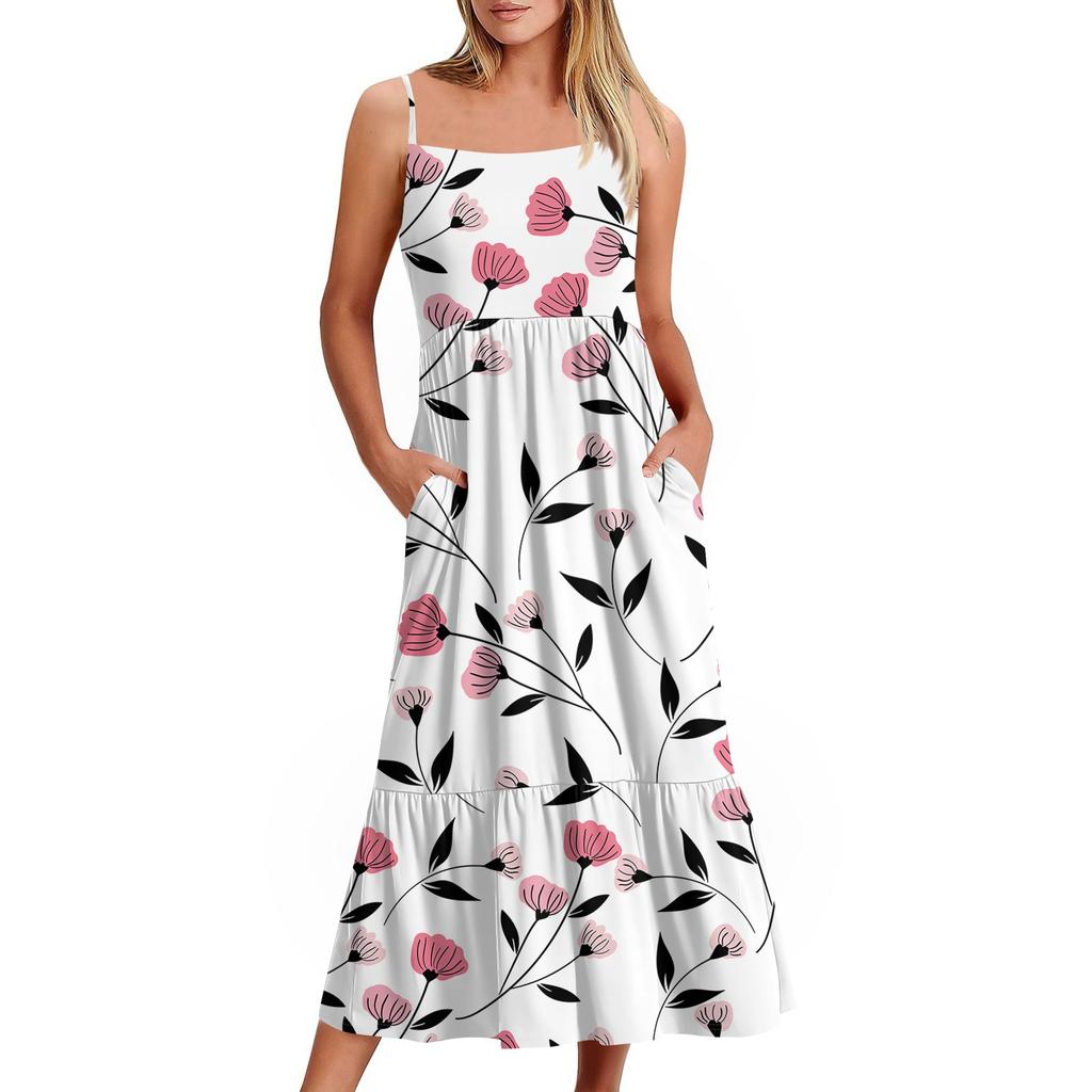 Women's Long Beach Casual Elegant Spaghetti Strap Maxi Dress Floral Low-key Flowing Bohemian Dress