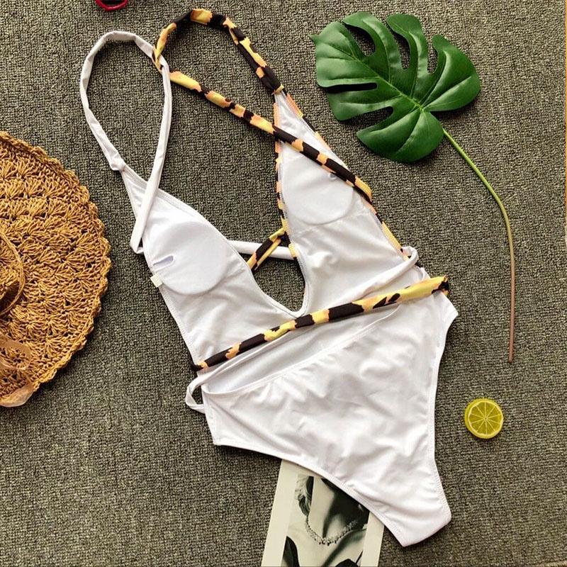 Luxurious Leopard One Piece Bikini Bathing Patchwork Padded Deep V Bandage Halter Swimsuit
