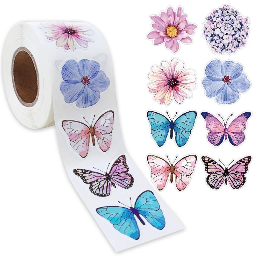 

500Pcs Label Stickers Round Sticker Roll Colorful Butterfly Flowers Stickers Stationery