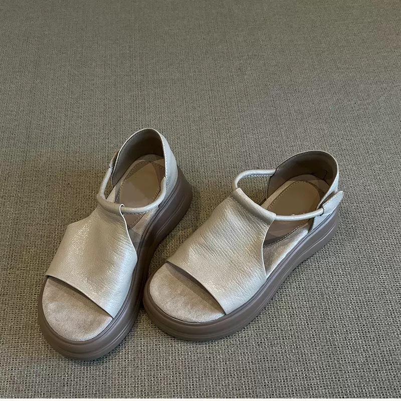 

Super soft lambskin~ retro casual heightening platform sandals women s summer skirt beautiful versatile soft-soled Roman shoes 35