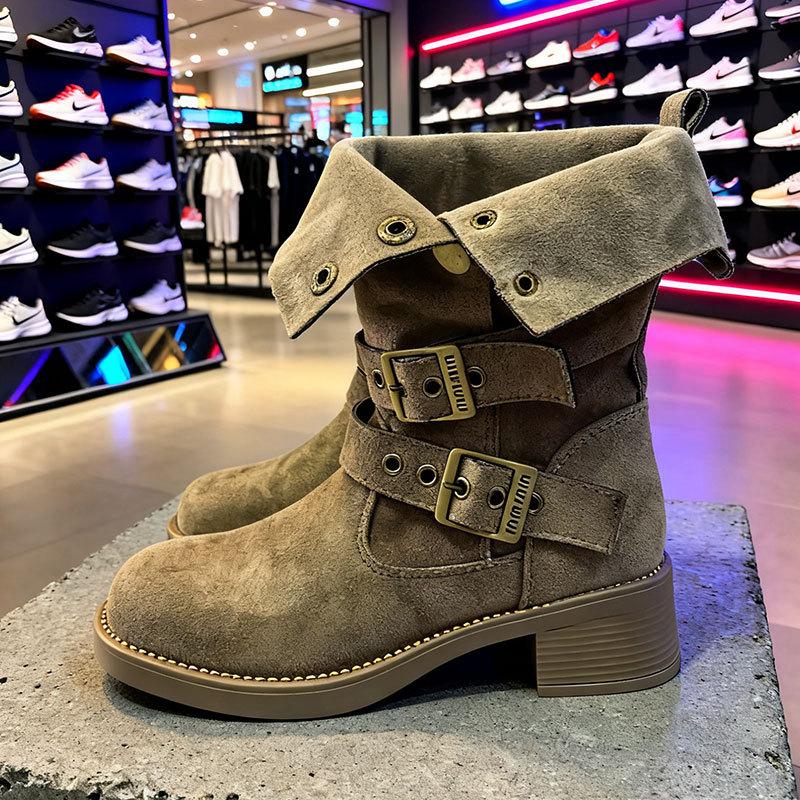 Fashion retro western pile boots women's autumn and winter new thick heel British style belt buckle short knight boots