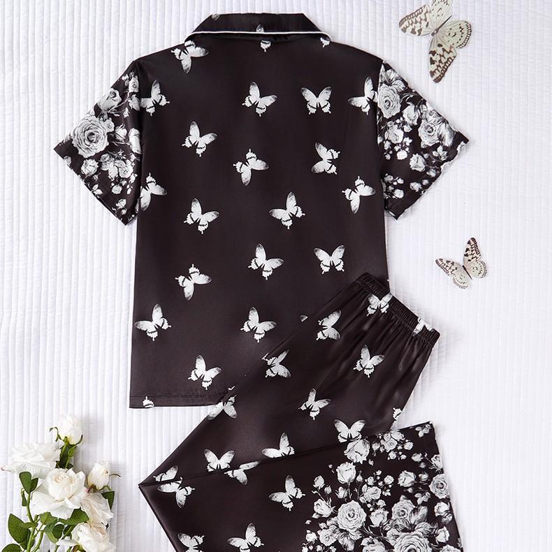 Pajamas satin short-sleeved shorts thin suit comfortable casual printed loungewear women's