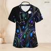 Women Plus Size V Neck Short Sleeve Galaxy Printed Nurse Scrub Top With Front Pockets