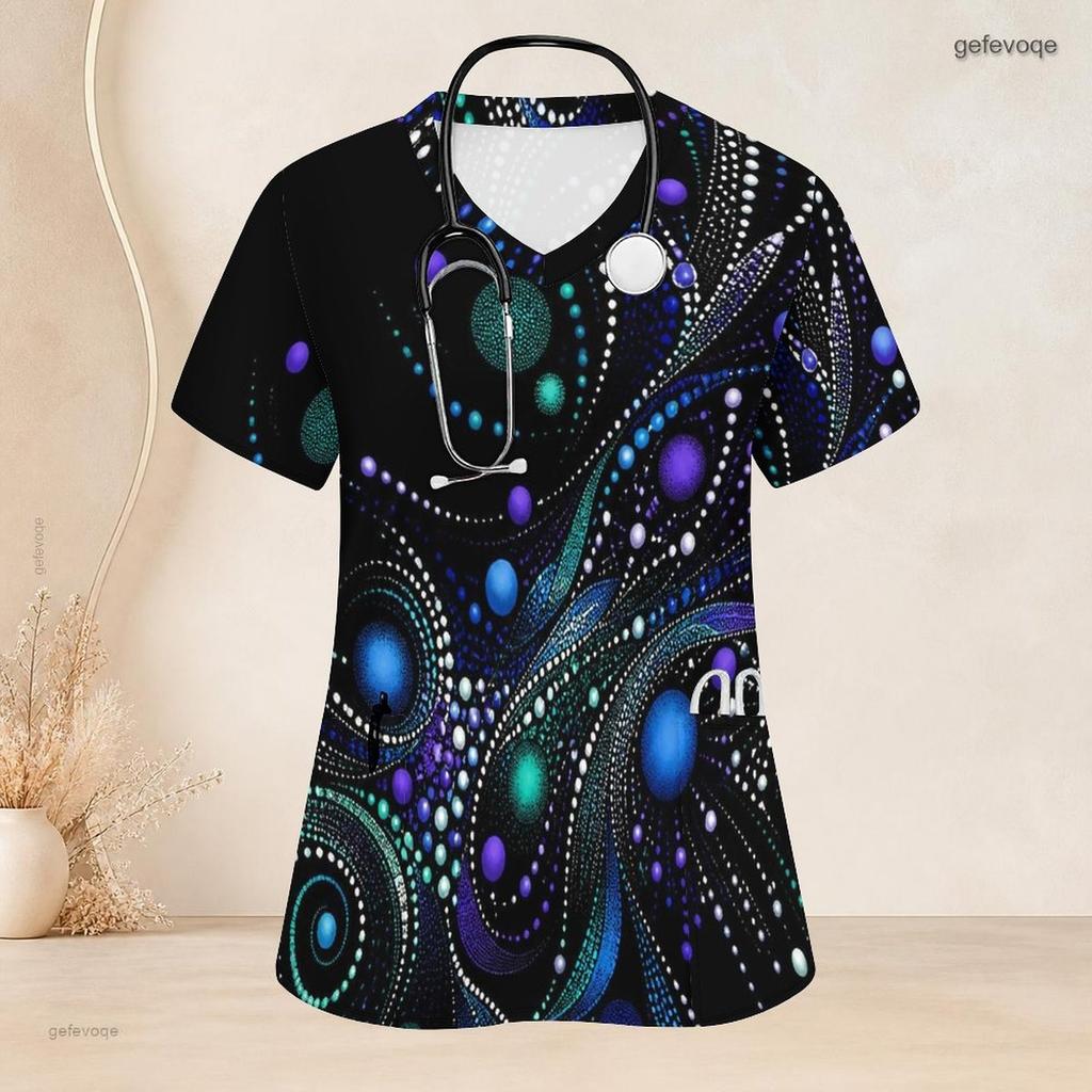 Women Plus Size V Neck Short Sleeve Galaxy Printed Nurse Scrub Top With Front Pockets