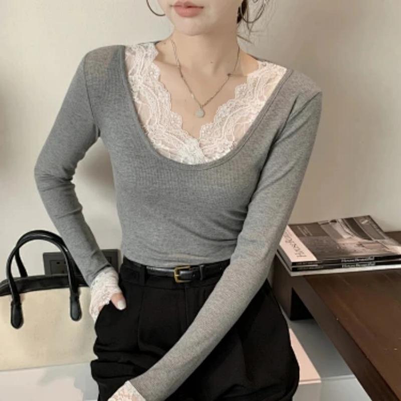 Women Lace Trim Ribbed Long Sleeve T Shirt Solid Slim Fit Base Layer Top