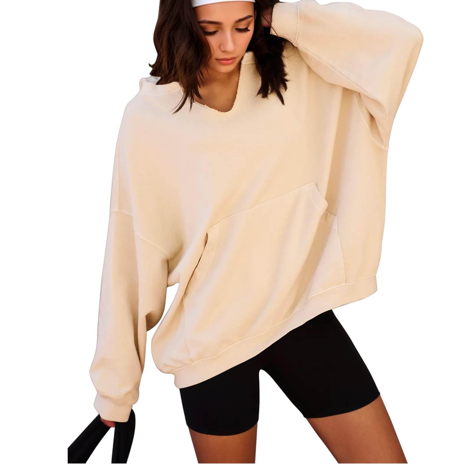 

Модная женская толстовка большого размера, повседневный пуловер с капюшоном и длинными рукавами, топы M бежевый
