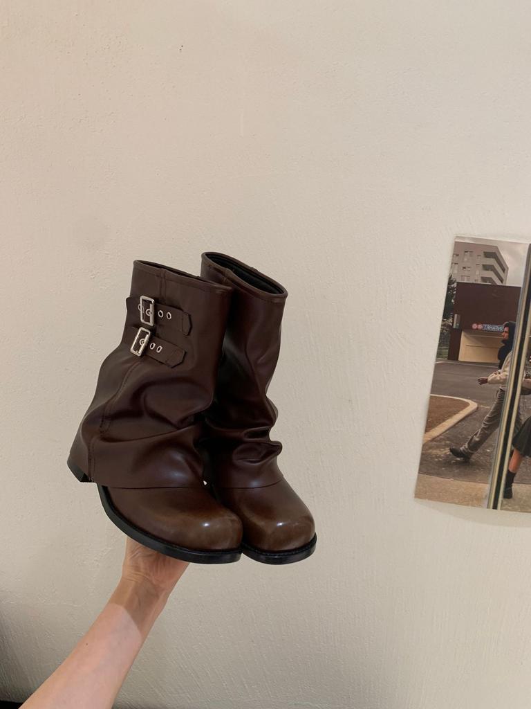 2025 New Pleated Stacking Boots Thick Heel Belt Buckle Loose Large Tube Circumference Women's Boots Summer Popular Super Fire Trouser Tube Boots