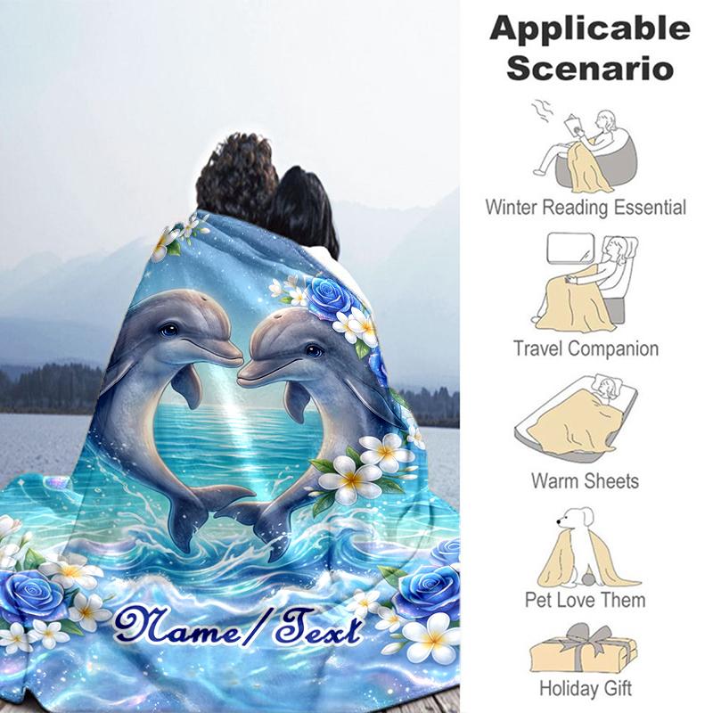 1PC Custom Name Dolphins Heart Shape Flannel Blanket Versatile,all-season Throw Suitable for the Living Room,bedroom,camping,travel,and Gift