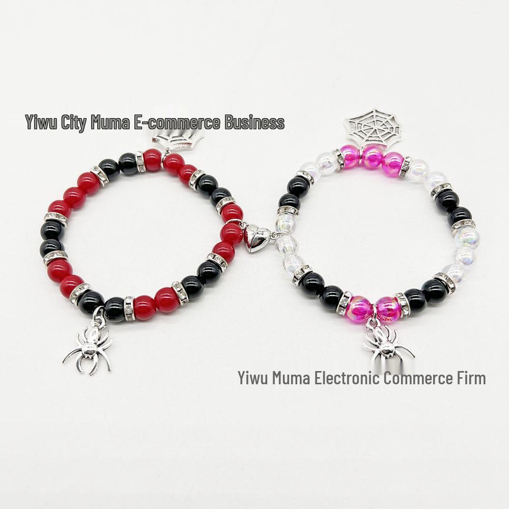 Cross-border Halloween Couple Bracelet: Red & Black Beaded with Spider Pendant