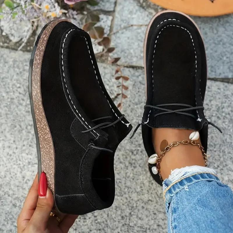 2026New Women's Shoes Retro Suede Casual Shoes Classic Lace-up Loafers Outdoor Non Slip Walking Vulcanize Flats Zapatos De Mujer