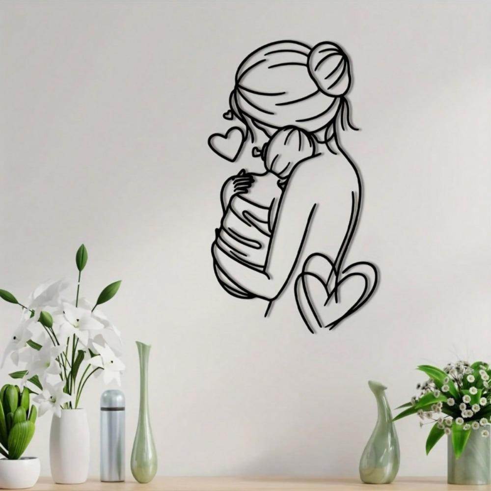 Bezaubernde Wächter und Kind Metall Wandkunst: Eine schlanke, minimalistische Eisendrahtskulptur, ideal zur Aufwertung der Heimdekoration.