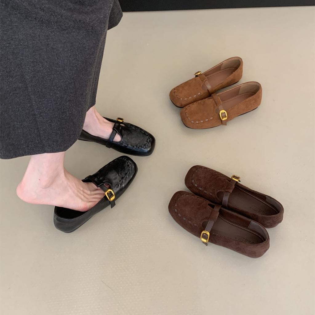 Retro square toe one-foot shoes women's 2025 autumn new suede beanie shoes soft flat Mary Jane small leather shoes