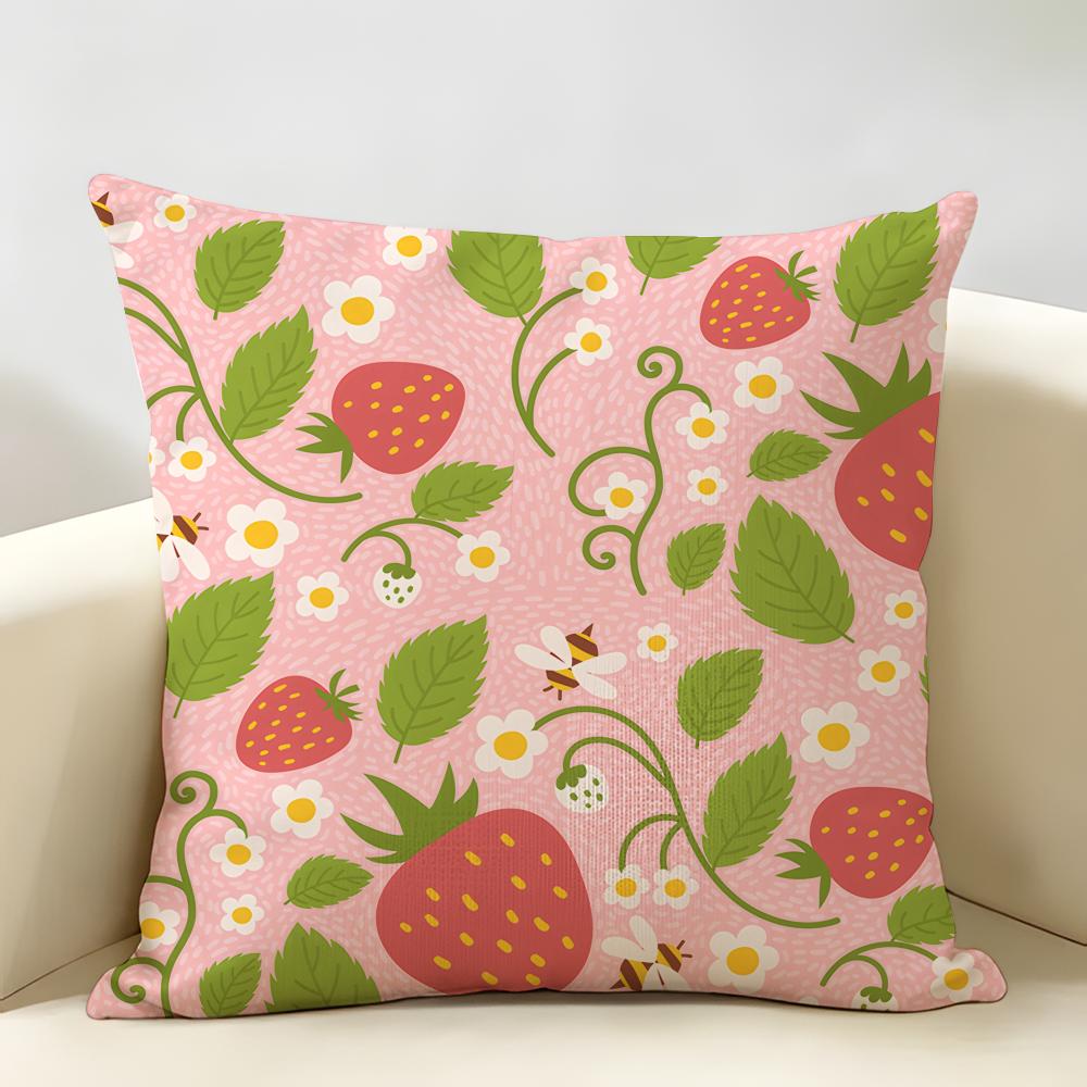 Cute Strawberry Girl Pink Cushion Cover Natural Linen Organic Fabric DoubleSided Printing Room Sofa Decor Pillow Case