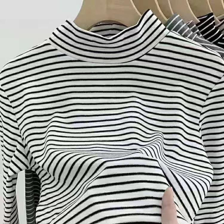 Women's Striped Velvet Mid-Neck Pullover - Autumn/Winter Warm Slim-Fit Long Sleeve Shirt