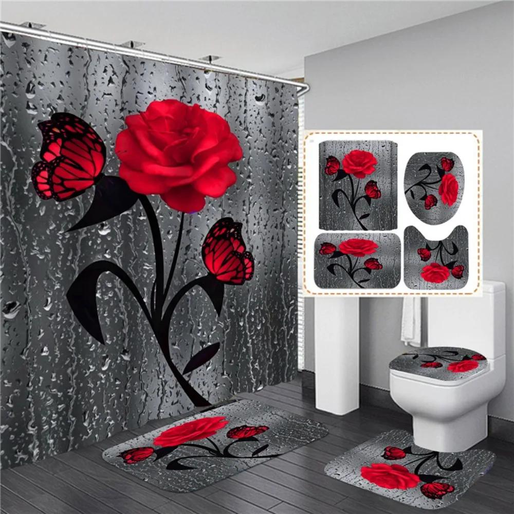 4pcs Set Doormat Shower Curtain with Non-Slip Rugs Toilet Seat Cover Bath Carpet Durable Waterproof Bathroom Home Entrance Decor