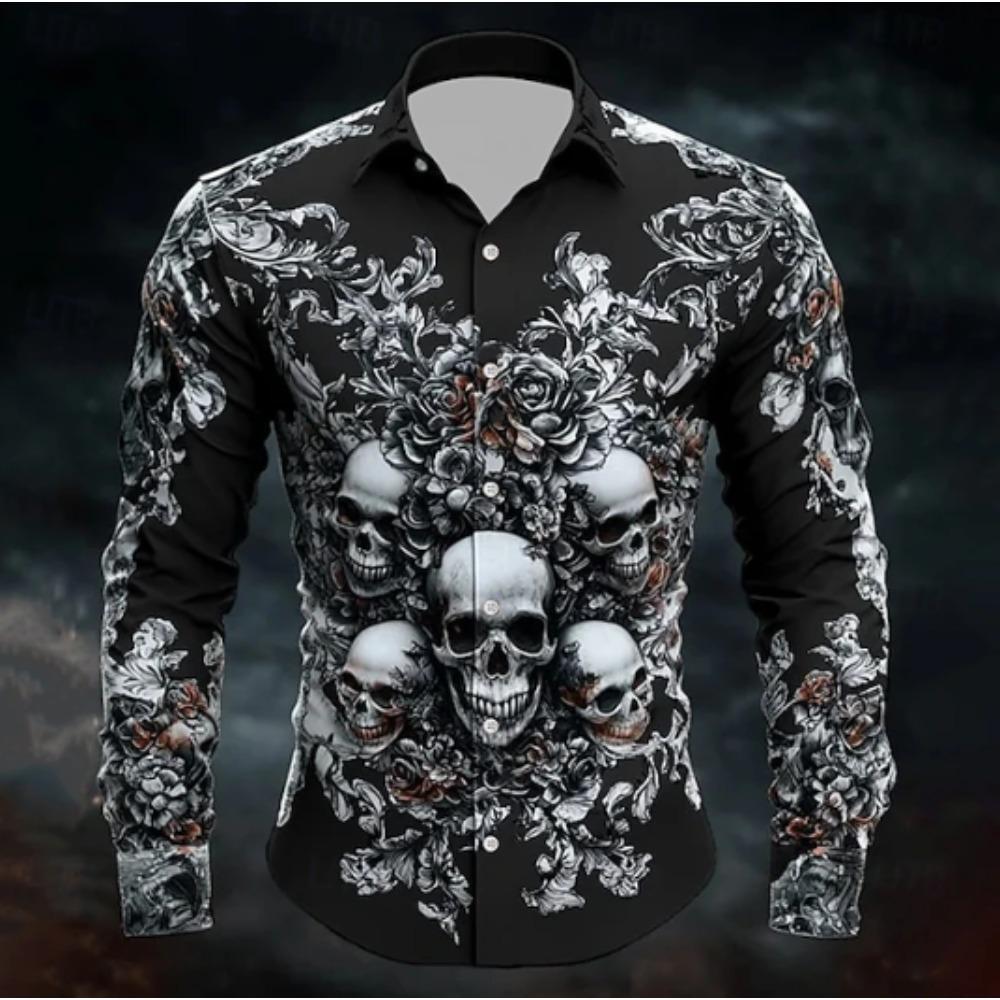 Men's Skull Printed Long Sleeve Shirts Casual Cardigan New Button Holiday Fashion Shirts